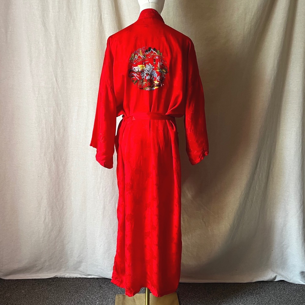 Vintage Golden Bee Red Asian Embroidered Satin Jacquard Robe Dressing Gown